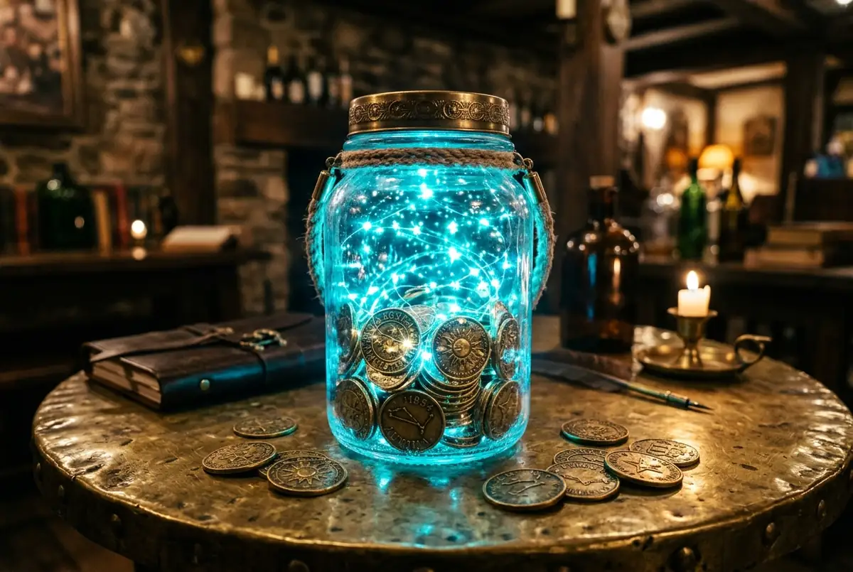 Glowing glass jar filled with cyan starlight tokens