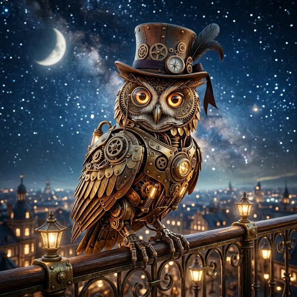 Barnaby the Brass Owl against starry night sky